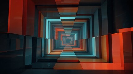 Fototapeta premium A visually striking abstract representation of a colorful tunnel featuring geometric shapes in red, blue, and black hues, creating a mesmerizing perspective view.