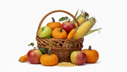 Rustic basket filled with pumpkins, apples, and corn isolated on white background.