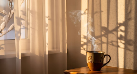 Warm morning light streams through sheer curtains onto a steaming mug of coffee