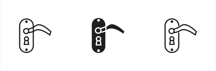 A set of three icons, solid and dual tone lines, depicting a door handle or lever, with an escutcheon plate and keyhole, representing security, entry access, key access, and home architecture.