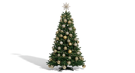 Elegant Christmas tree with gold and silver ornaments stands on white