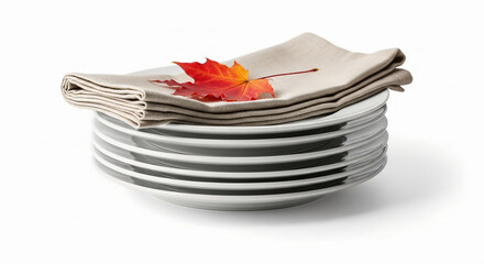 Stack of white plates and linen napkin with autumn leaf isolated on white background