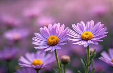Obraz premium Macro view of soft purple asters with yellow centers. Delicate petals extend outward against a blurred bokeh background of similar hues. Flowers bloom in a natural garden setting.