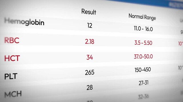 Complete Blood Count Report Close up 4k Footage showing hemoglobin, red and white blood cells. CBC report, medical, health care concept.