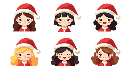 Set of cute girls wearing santa hats smiling in christmas style illustration