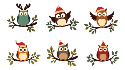Set of cute christmas owls wearing santa hats and sitting on tree branches
