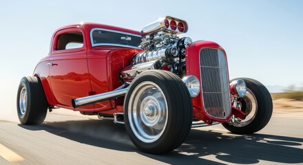 Naklejka premium Vintage red hot rod car on open road with large chrome engine