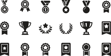 Collection of Black and White Achievement Award Icons Vector Illustration