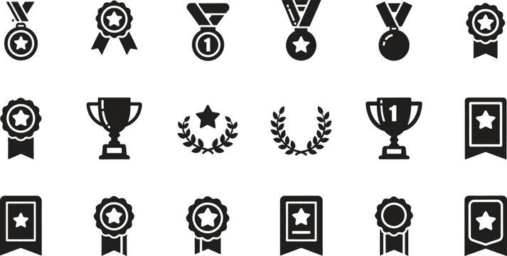 Collection of Black and White Achievement Award Icons Vector Illustration