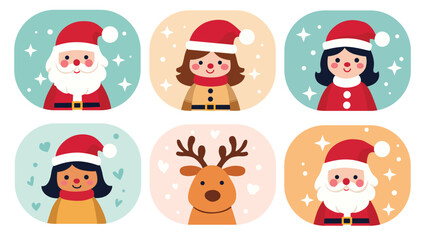 Cute christmas character avatars including santa claus, reindeer and girls wearing santa hats