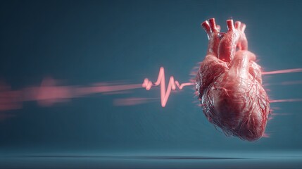 Three dimensional anatomical human heart visualization appears alongside glowing cardiogram wave