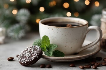 Hot coffee, mint, and chocolate cookie on a table with blurry Christmas lights. Use it for your blog or article about festive drinks or holiday desserts.