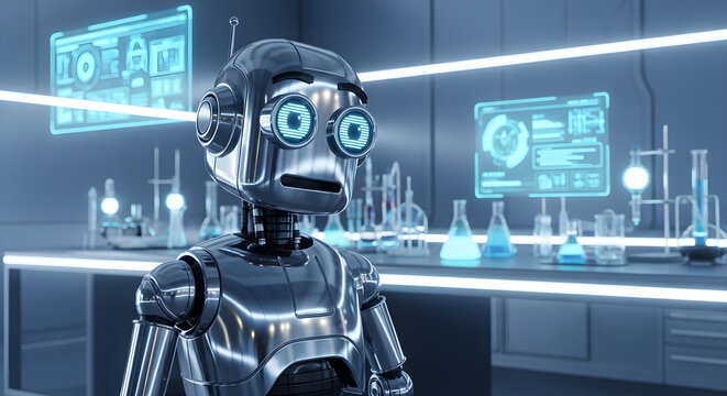 Robot Scientist in Laboratory with Futuristic Blue Holographic Displays | Medical Research AI Concept for Technology and Innovation Marketing