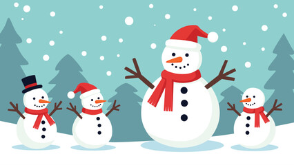 Cute family of snowmen wearing hats and scarves in snowy winter forest background