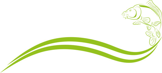 Karpfen und Wellen in grün, Karpfen, Fisch, Logo, Angeln, Sport, Hintergrund