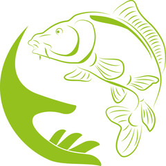 Karpfen und Hand, Karpfen, Fisch, Logo, Angeln, Sport, Icon