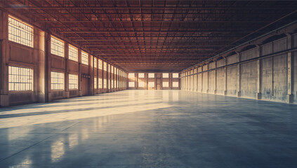 Large Empty Industrial Warehouse Interior with Sunlight Shining Through Windows and Concrete Floors