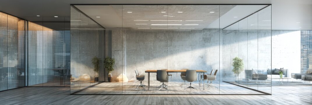Elegant photo of modern office interior with glass walls and natural light.