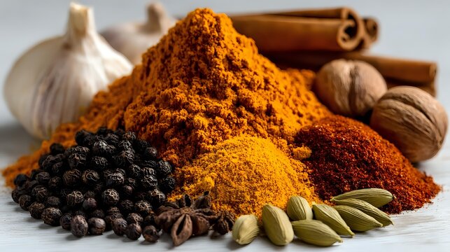 Aromatic spices and herbs arranged in colorful piles including turmeric, paprika, cinnamon sticks, black peppercorns, cardamom pods, garlic, and nutmeg on neutral background.