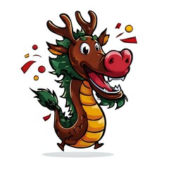 Obraz premium Cartoon Chinese dragon with antlers, red nose, and green mane surrounded by festive confetti. Perfect for holiday designs and Asian cultural celebrations.