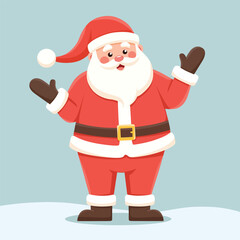 Cute smiling Santa Claus waving hands in red costume on winter background