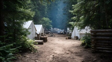 A rustic temporary camp with white canvas tents and log structures nestled in a dense forest clearing with smoke rising