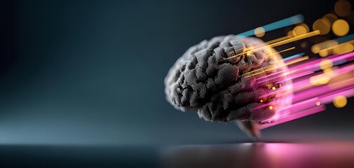 Digital human brain with glowing pink light beams and golden particles, concept of artificial intelligence and neural networks on dark background.