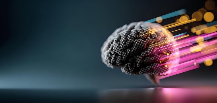 Digital human brain with glowing pink light beams and golden particles, concept of artificial intelligence and neural networks on dark background.