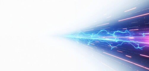 Abstract blue and purple lines flash across white space. Light streaks move fast, depicting digital data transfer and speed. Futuristic tech graphic for science and network.
