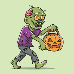 Cartoon Zombie with Pumpkin Candy Bucket