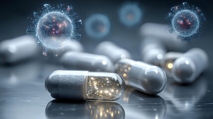 Futuristic medical capsules with glowing contents surrounded by virus particles, representing pharmaceutical research and antiviral medication development.