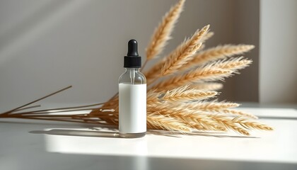 Fototapeta premium An elegant serum bottle stands on a white surface next to decorative dried grass. Soft shadows and natural light.
