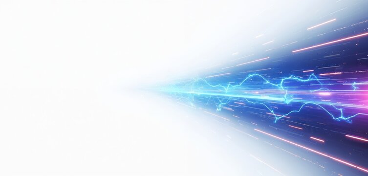 Abstract blue and purple lines flash across white space. Light streaks move fast, depicting digital data transfer and speed. Futuristic tech graphic for science and network.