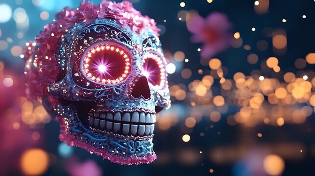 Ornate sugar skull with glowing pink eyes and intricate silver filigree details against blurred bokeh lights background, decorated with pink floral elements.