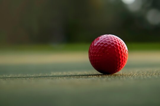 Red golf ball on textured putting green surface with soft bokeh background, dramatic low angle perspective creates artistic sports composition.