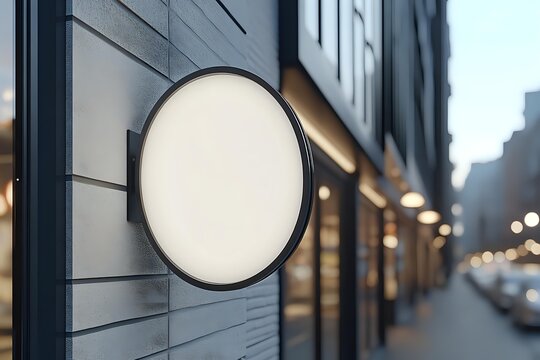 Blank circular signboard on modern building facade with blurred urban street background, ideal for branding mockup.