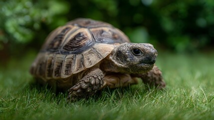 Fototapeta premium A detailed close up of a tortoise slowly walking on green grass in its natural habitat