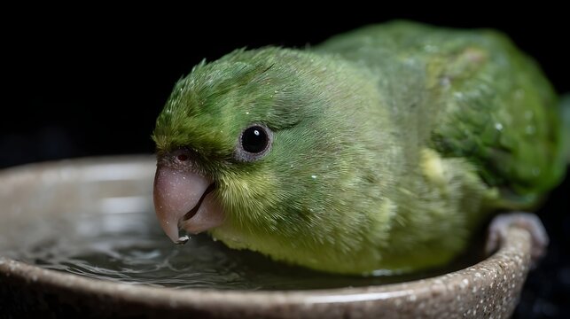 A tiny green parakeet delicately sips water from a shallow ceramic dish with a single droplet falling from its beak