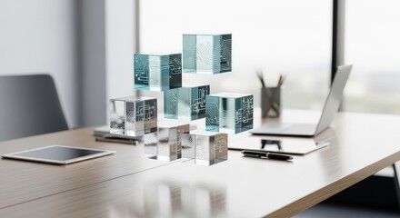 Transparent cubes with circuit designs floating over a modern office workspace