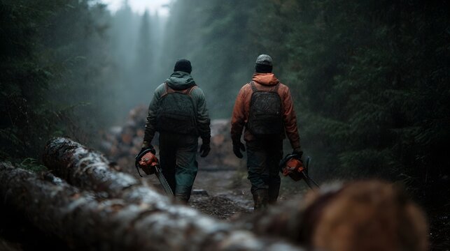 Two loggers walk through a misty forest carrying chainsaws surrounded by fallen trees