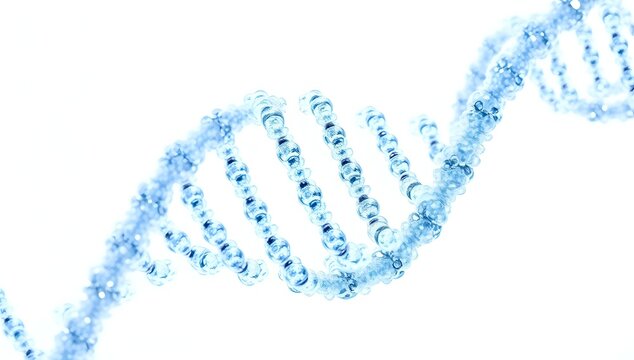 Blue DNA helix structure on white background, molecular biology concept for genetics research and medical science.