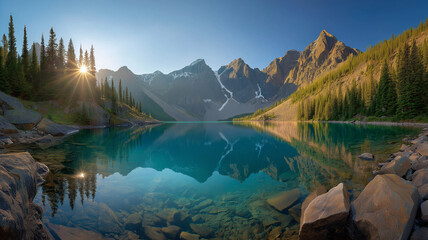 Sunrise over a crystal clear turquoise lake reflecting snowcapped mountains and pine trees in a serene alpine landscape