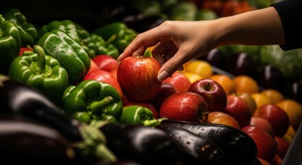 Hand selecting fresh produce at market: apples, bell peppers, and eggplants