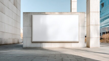 Large white billboard mockup in an urban setting with modern architecture, ideal for outdoor advertising and promotional displays with copy space
