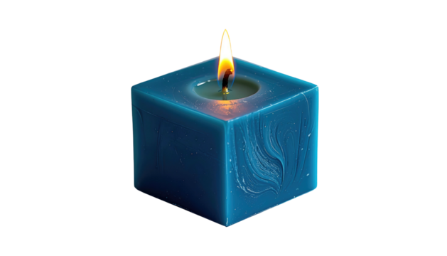 Blue wax cube candle burns with a bright flame, isolated against a dark background, showing textured surface