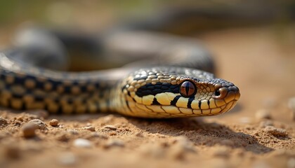 Obraz premium African rock python rests on dry sand. Closeup view shows detailed scales and eyes of this large reptile in its natural habitat. Wildlife photography focuses on snake texture.