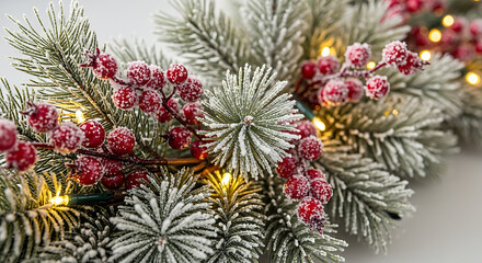Festive winter foliage with red berries and glowing string lights.