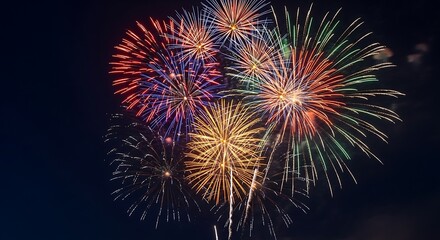 Vibrant Multi Colored Fireworks Display Exploding in Dark Night Sky for Celebration