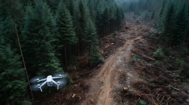 A white drone hovers mid air capturing aerial footage over a selectively logged forest landscape with dense evergreens and a muddy track