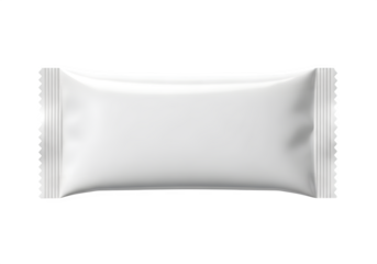 White rectangular flow pack pillow pouch sachet snack food packaging sealed wrapper mockup template, isolated on white or transparent background. PNG